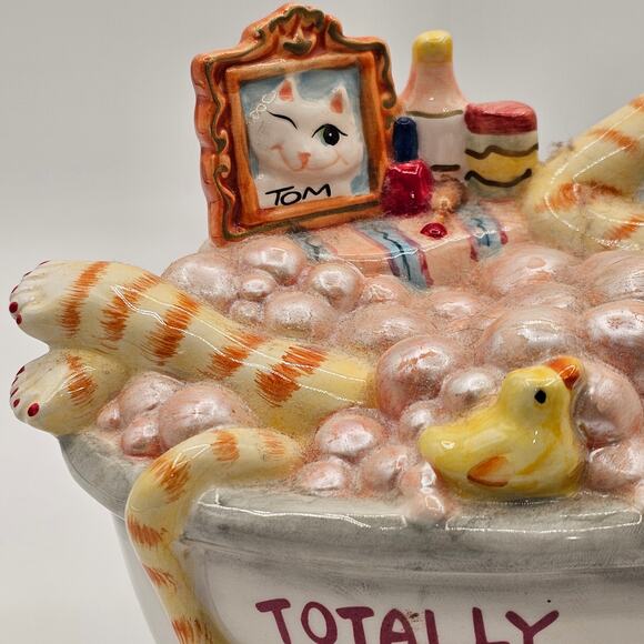 Fitz & Floyd Ceramic Cat & Mouse Bank-Totally Pampered Fund Bubble Bath-No Plug - Picture 4 of 10